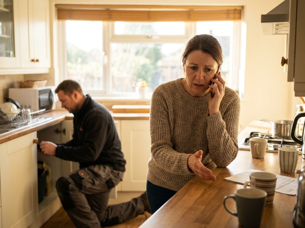 A homeowner on the phone at their kitchen worktop, booking an emergency boiler call-out