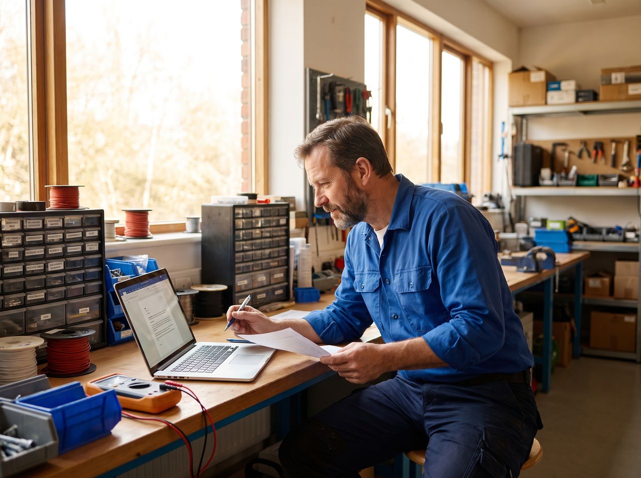 A drafted quote email open on a laptop in a workshop
