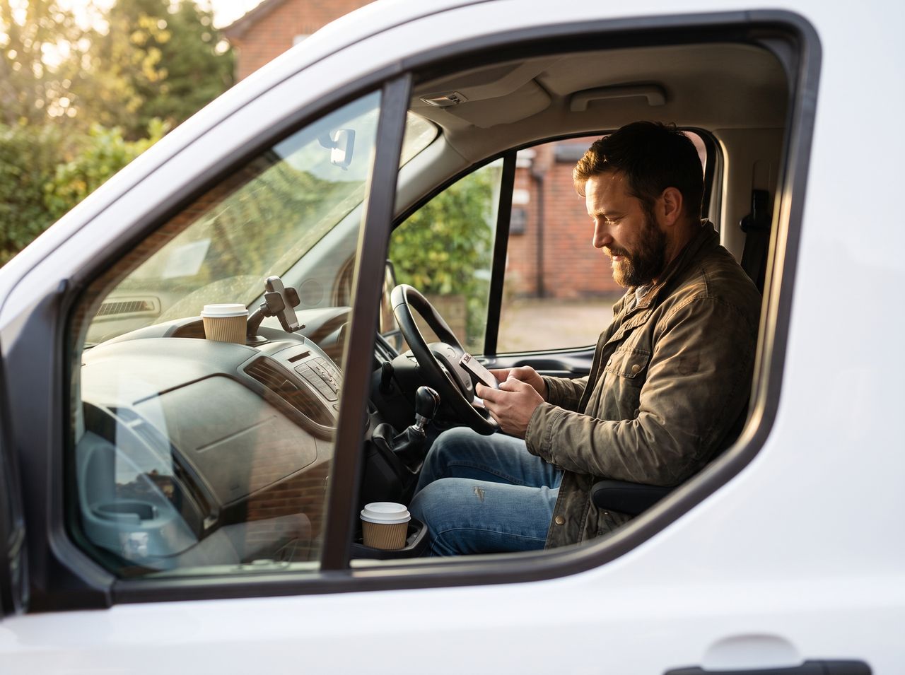 A tradesperson checking the day's jobs on a phone beside a work van