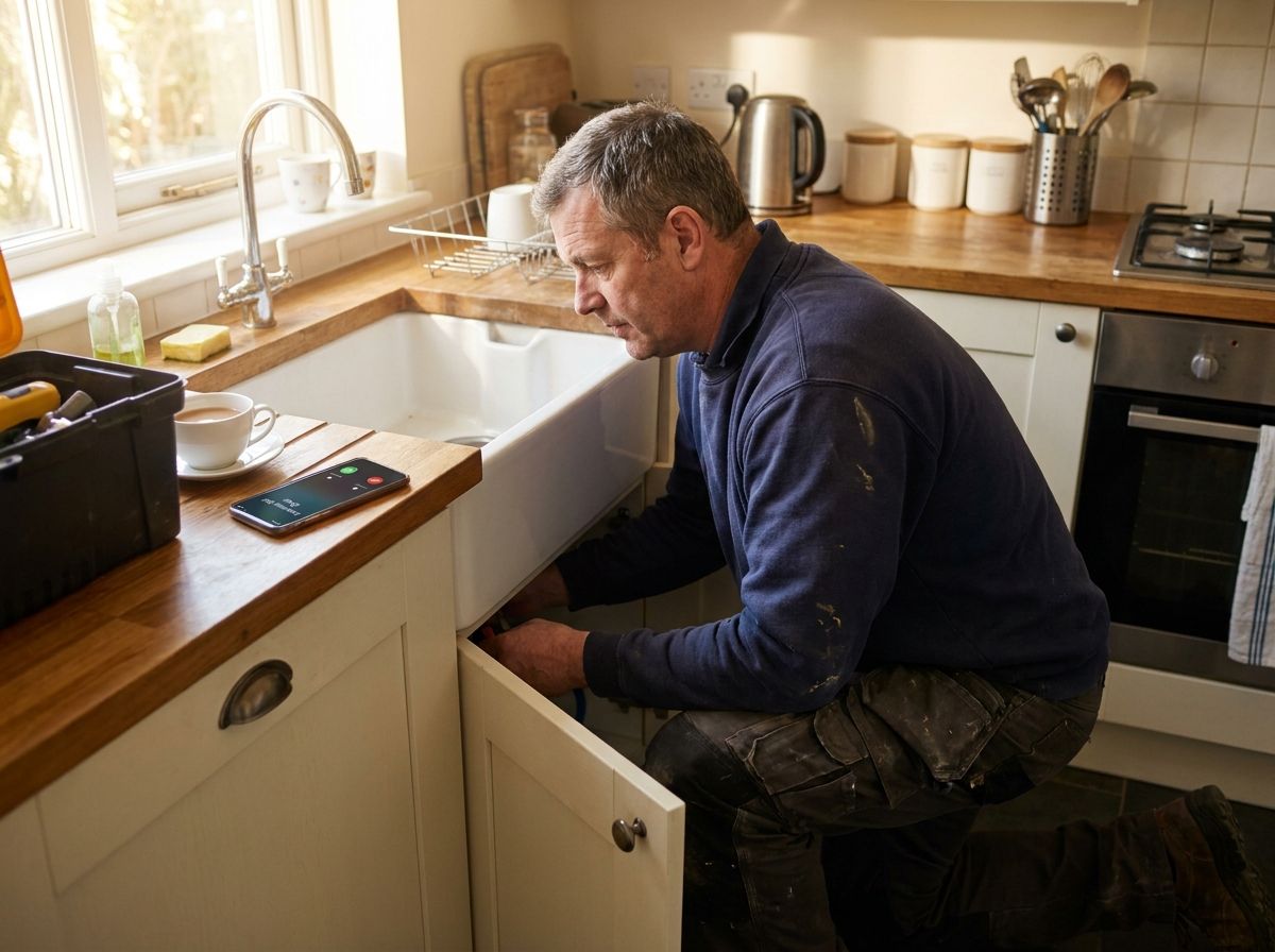 A plumber working under a kitchen sink while his phone rings on the worktop